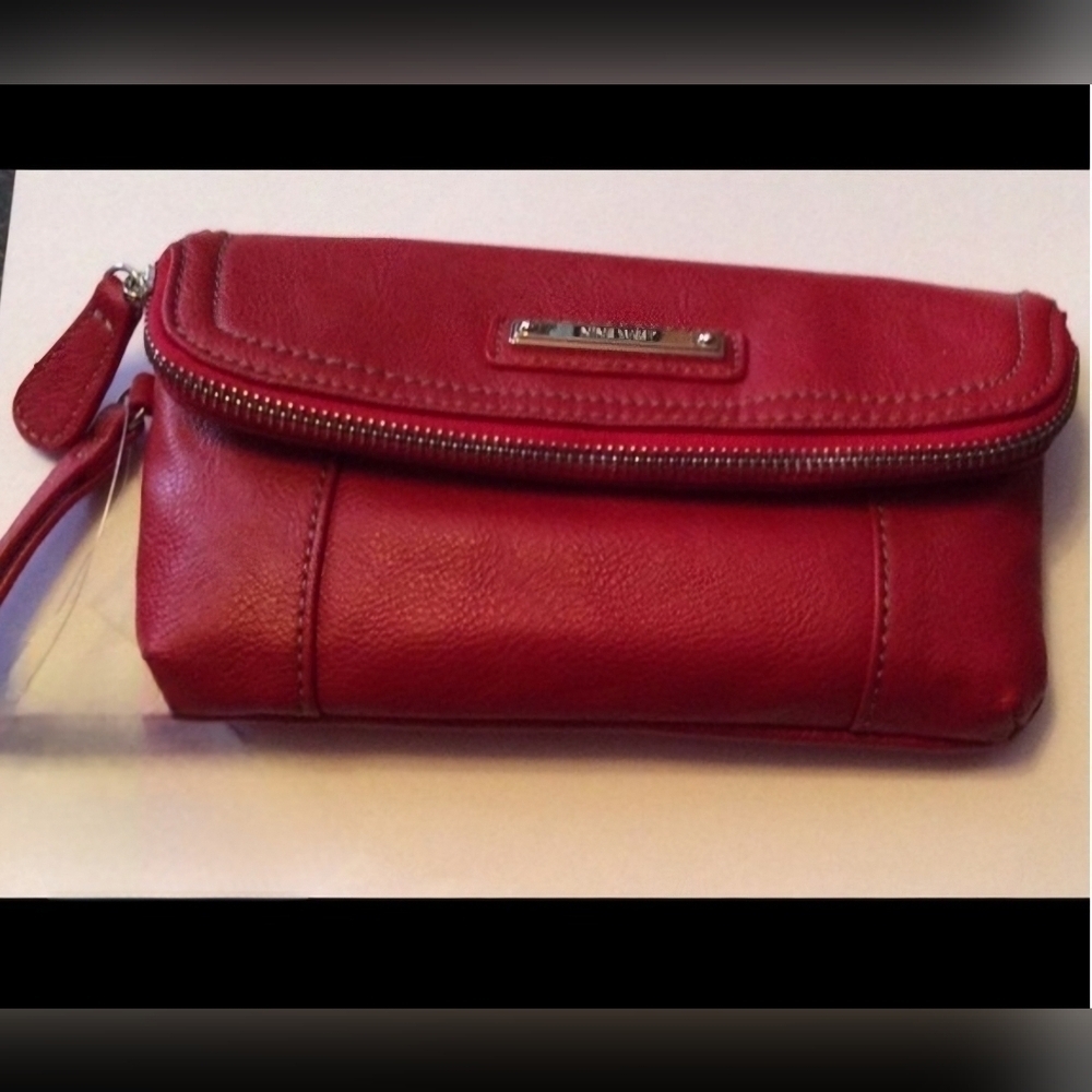 Nine West | Fold Over Flap Zipper Wristlet | Multi Pocket | Faux Leather | Red